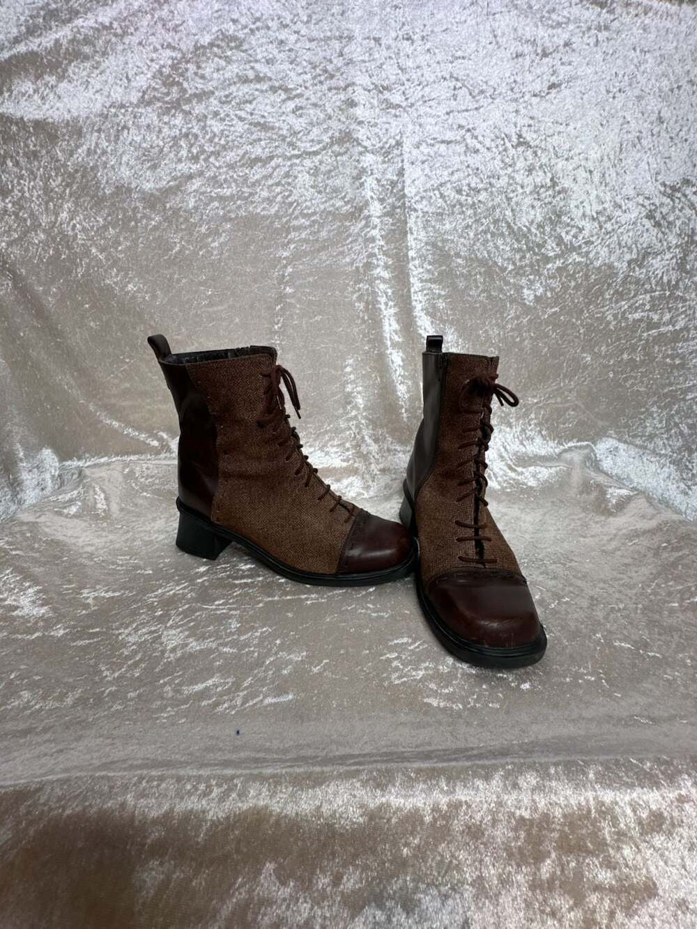 Naot Brown Leather Herringbone Lace Up Heeled Boots